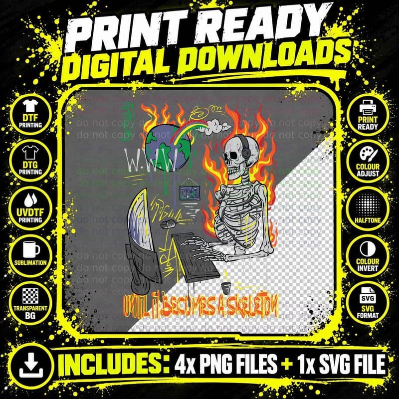 W.w.w Util Becomes a Skeleton Flames Fire Yellow Png SVG Digital Bundle