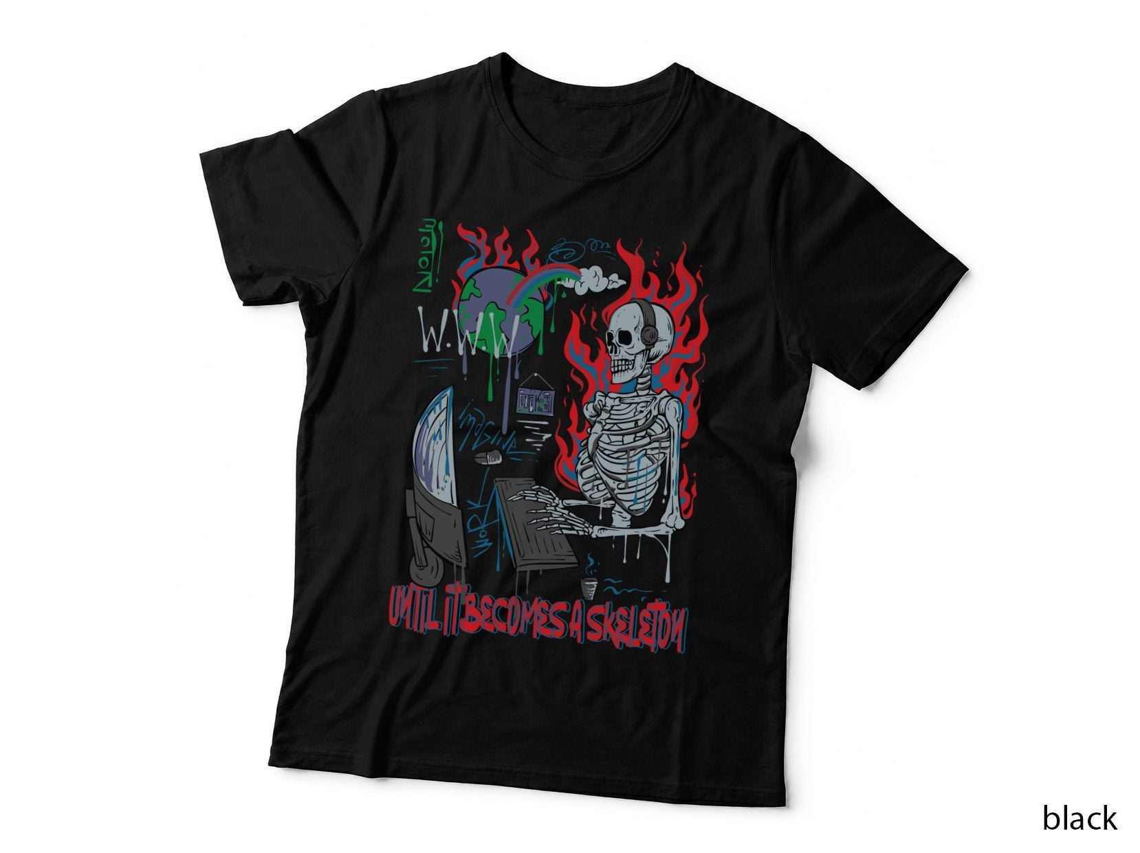 W.w.w Util Becomes a Skeleton Flames Red Blue Halftone Distressed Goth T-Shirt