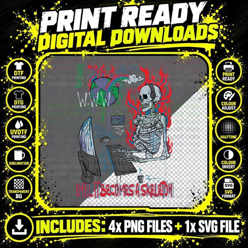 W.w.w Util Becomes a Skeleton Flames Red Blue Halftone Png SVG Digital Bundle