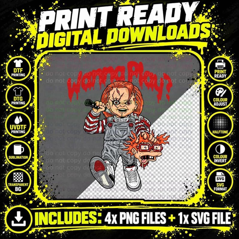 Wanna Play Chucky Horror Doll Red White Evil T-Shirt Png SVG Digital Bundle