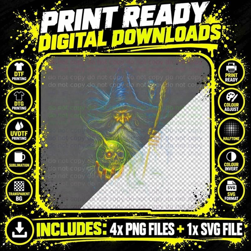 Warlock Skull T-Shirt, Halftone Horror Occult Graphic Png SVG Digital Bundle