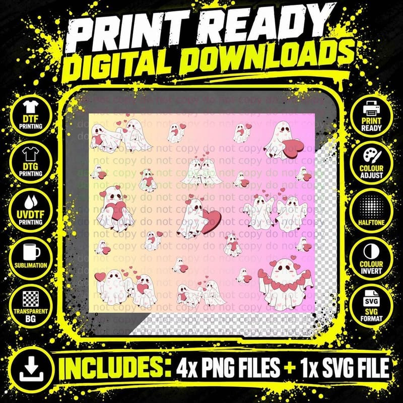 White Ghost Characters with Red Hearts T-Shirt Png SVG Digital Bundle