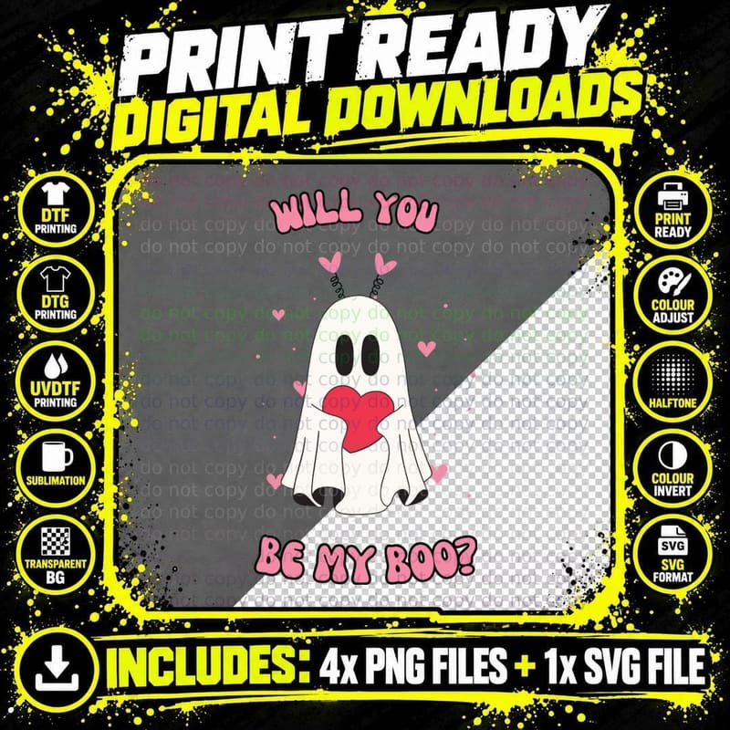 Will You Be My Boo Ghost Heart Pink Cute T-Shirt Png SVG Digital Bundle
