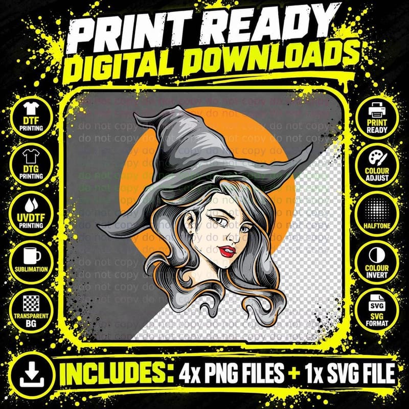 Witch Woman with Orange Sun Retro Vintage Feminine Png SVG Digital Bundle