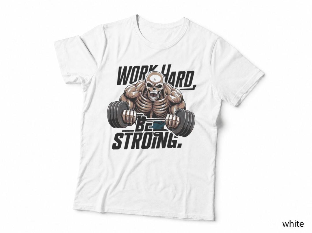 Work Hard Be Strong Tan Orange Skull Skeleton Dumbbell Bones T-Shirt