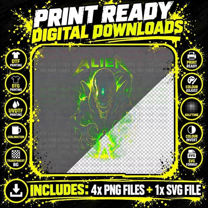 Xenomorph T-Shirt, Halftone Alien Gaming Graphic Tee Png SVG Digital Bundle