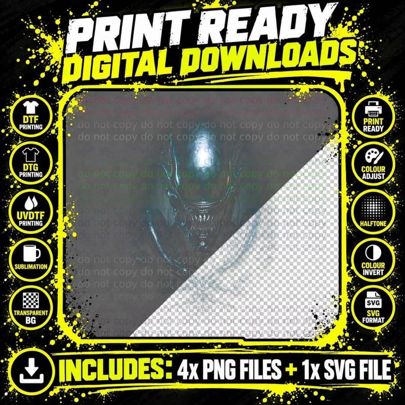 Xenomorph T-Shirt, Halftone Alien Portrait Graphic Tee Png SVG Digital Bundle