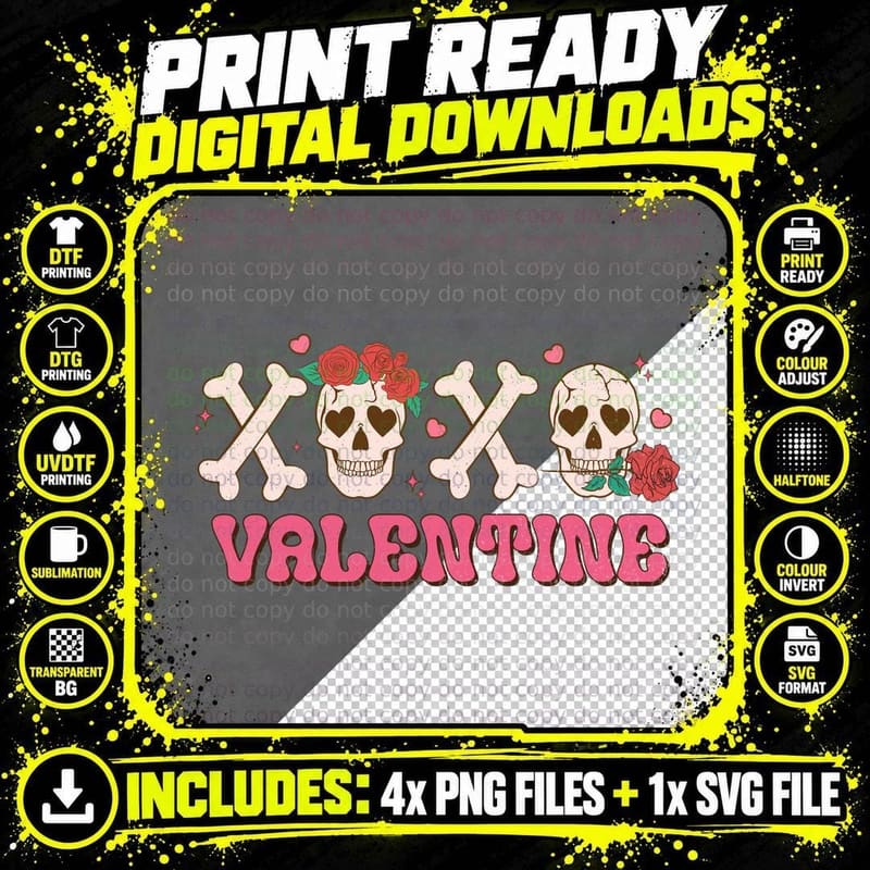 Xo Valentine Skeleton with Bones and Roses Pink Retro Png SVG Digital Bundle