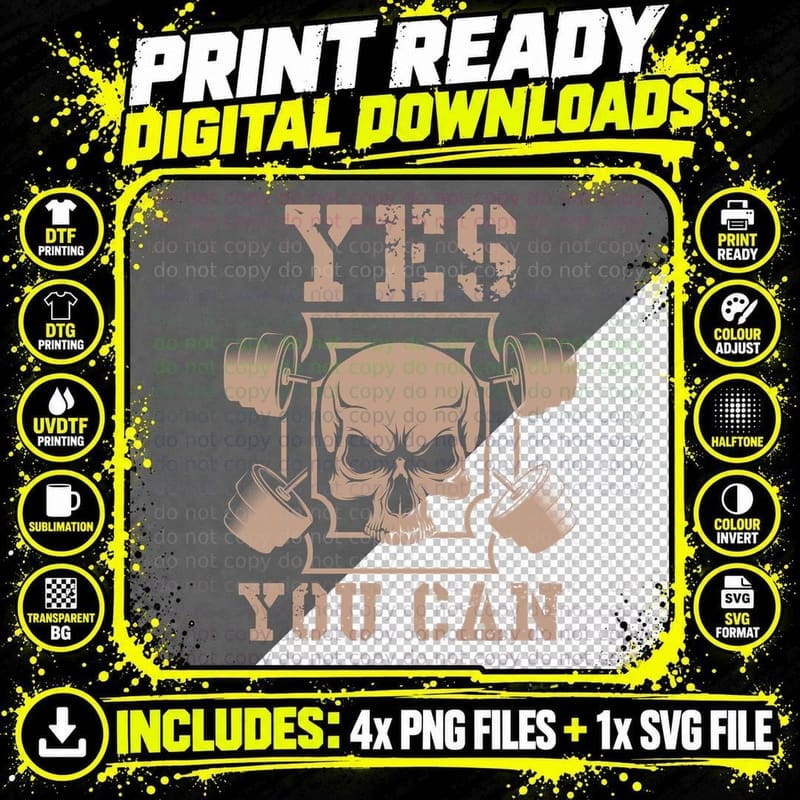 Yes You Can Orange Tan Skull Dumbbell Skeleton Retro Png SVG Digital Bundle