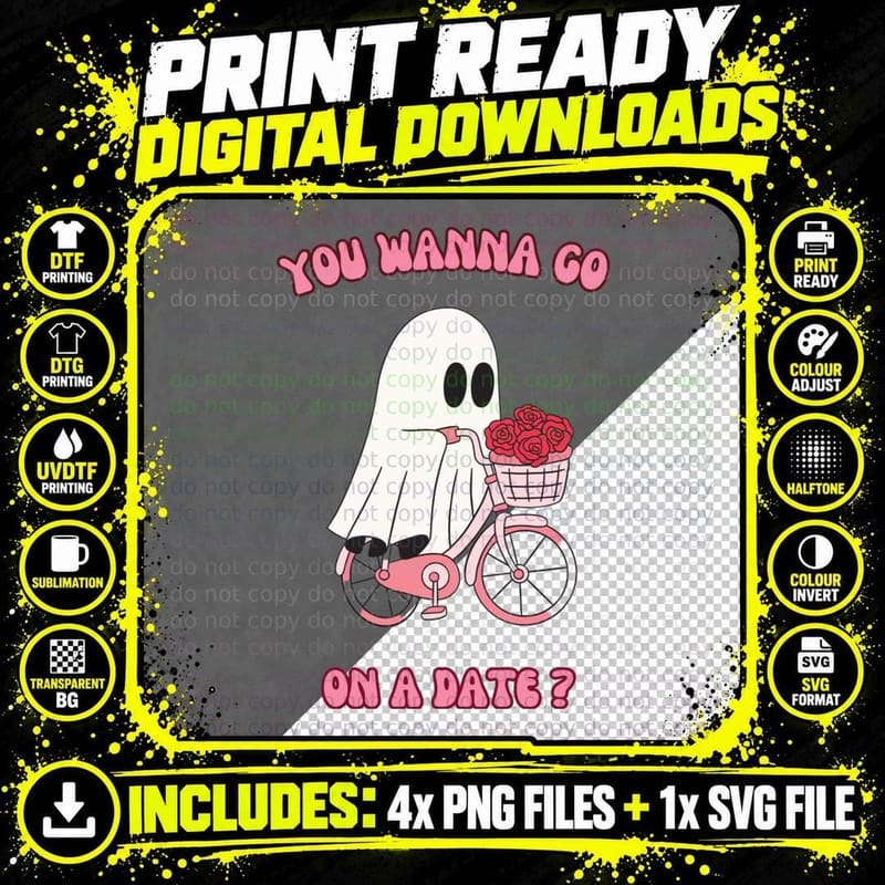 You Wanna Go on a Date Ghost Skeleton Bike Flower T-Shirt Png SVG Digital Bundle