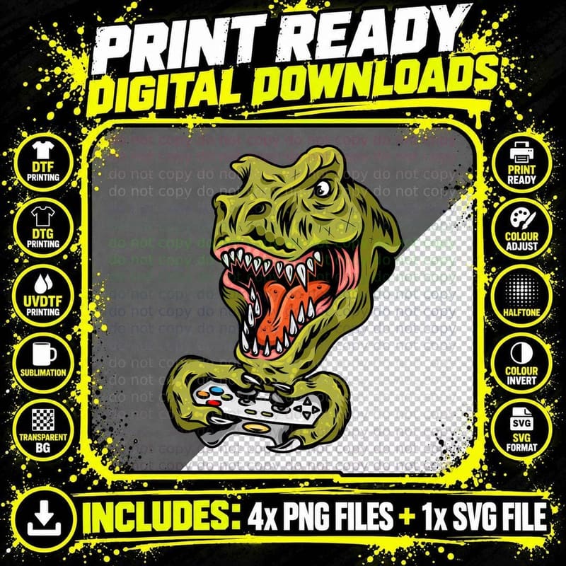 Zombie Dinosaur Green Monster Head Game Controller Png SVG Digital Bundle