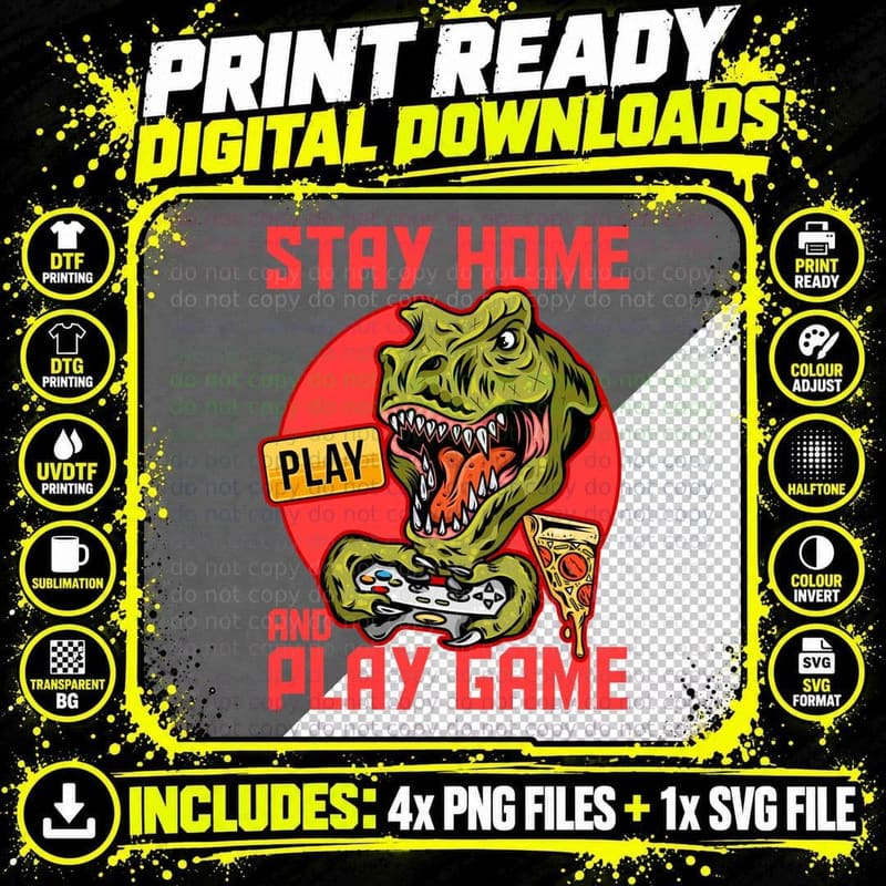 Zombie Dinosaur Stay Home Play and Game Pizza Controller Png SVG Digital Bundle