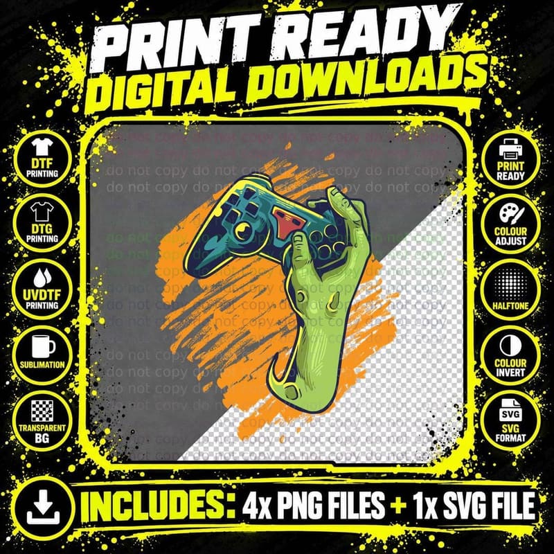 Zombie Gamer Green Hand Controller Gaming Orange Png SVG Digital Bundle
