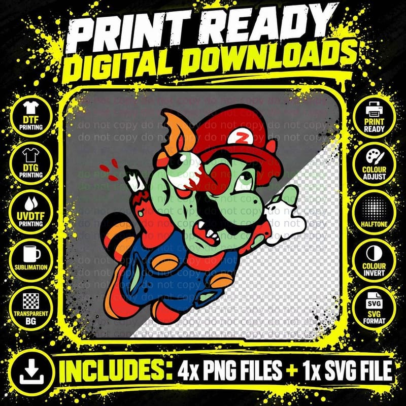 Zombie Mario Undead Green Skin Bulging Eye Blood Drips Png SVG Digital Bundle
