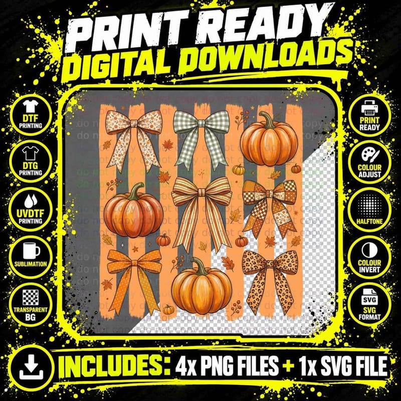 Autumn Bows Pumpkins Fall Leaves Halloween T-Shirt Png SVG Digital Bundle