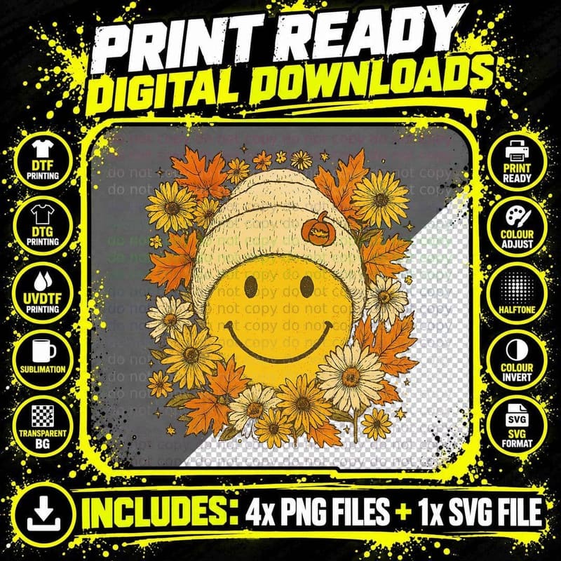 Autumn Smiley Face Leaves Emoji Halloween T-Shirt Png SVG Digital Bundle