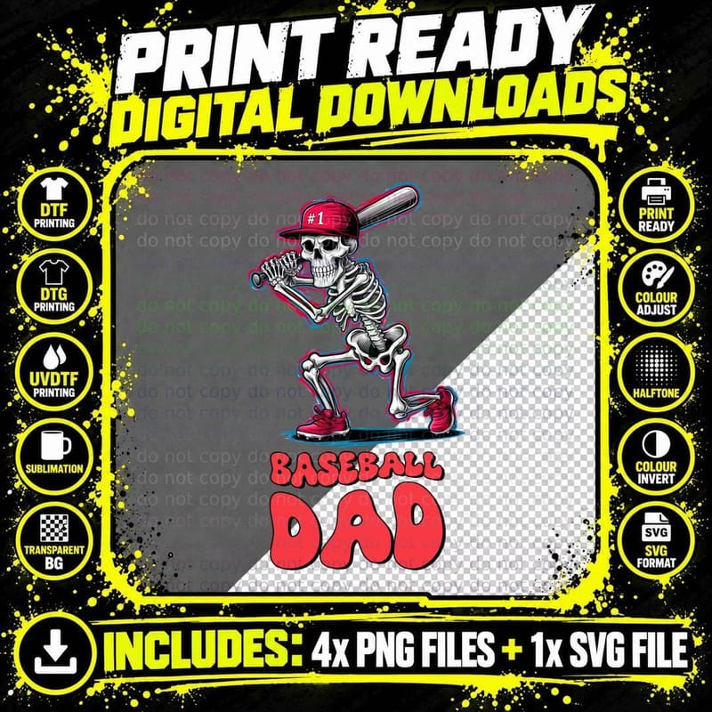 Baseball Dad Softball T-Shirt, Skeleton Baseball Player Png SVG Digital Bundle