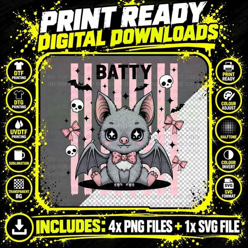 Batty Funny Halloween T-Shirt, Adorable Bat with Bow Tie Png SVG Digital Bundle