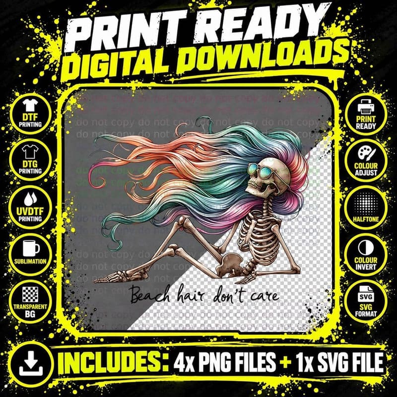 Beach Hair Don't Care Funny Skull T-Shirt Png SVG Digital Bundle
