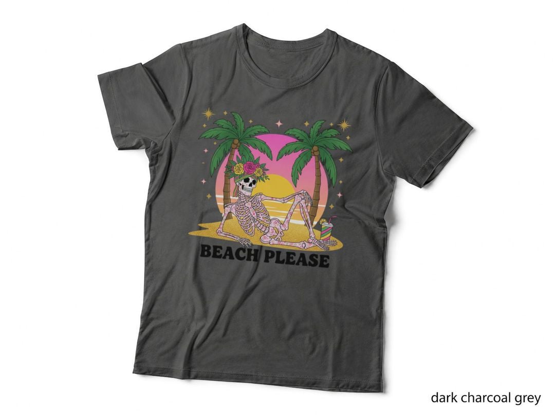 Beach Please Funny Skull T-Shirt, Skeleton Relaxing on Beach with Graphic Tee