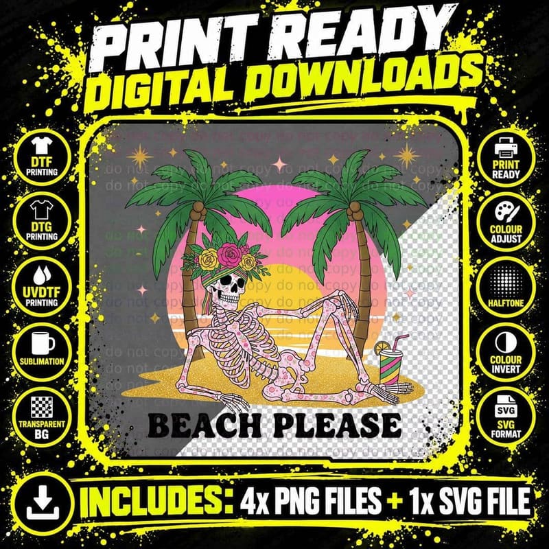 Beach Please Funny Skull T-Shirt, Skeleton Relaxing on Png SVG Digital Bundle