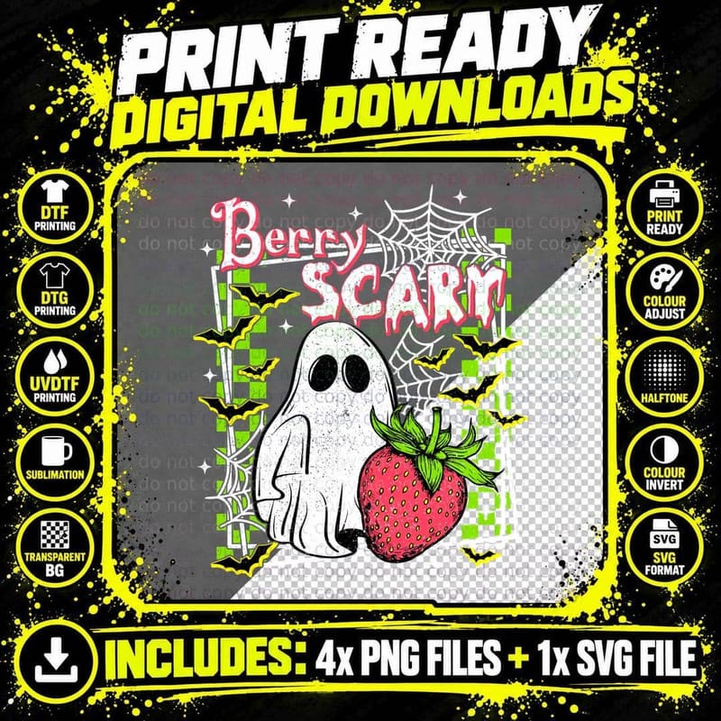 Berry Scare Halloween T-Shirt, Ghost with Strawberry Png SVG Digital Bundle