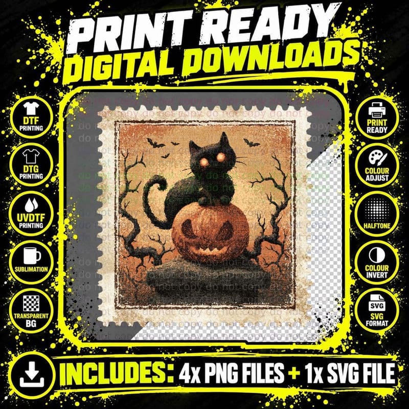 Black Cat Glowing Eyes Pumpkin Halloween T-Shirt Png SVG Digital Bundle