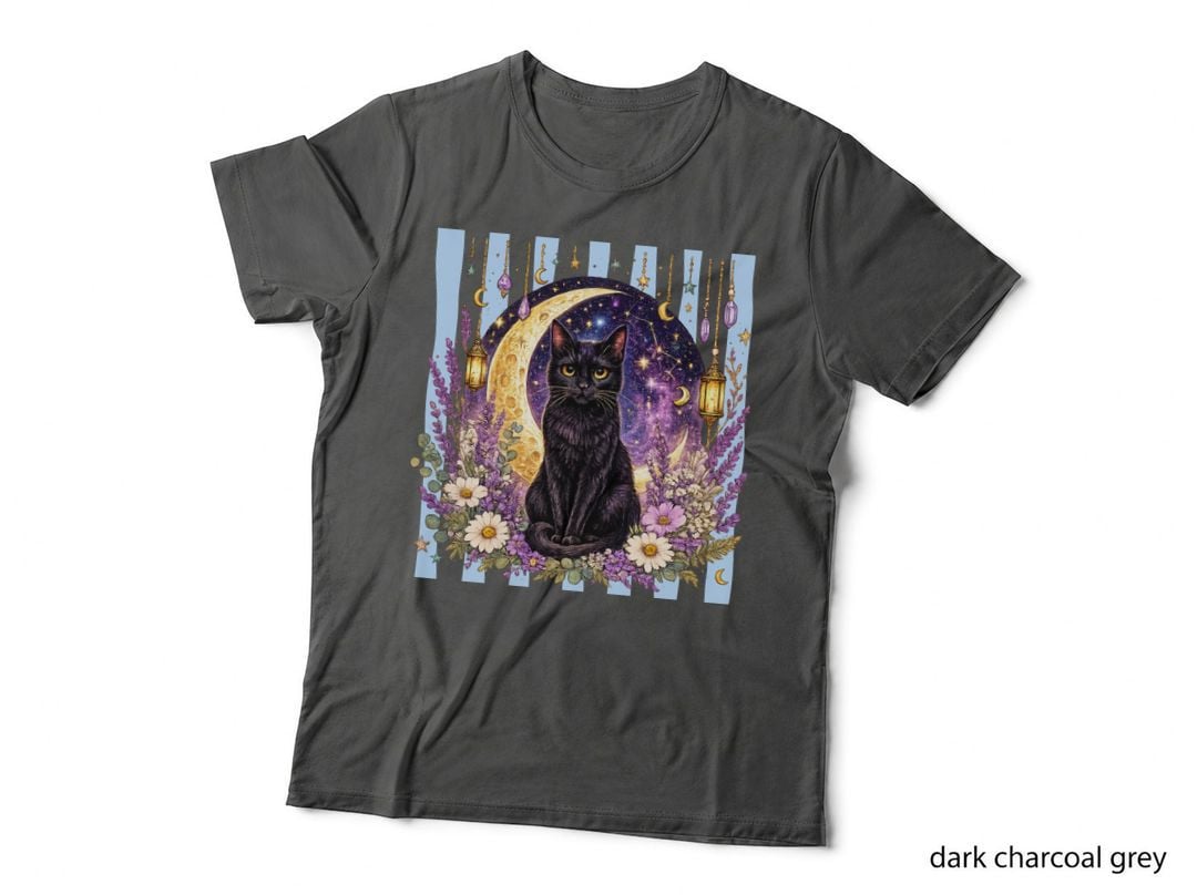 Black Cat Moon Lanterns Flowers Halloween T-Shirt, Spooky Season Graphic Tee