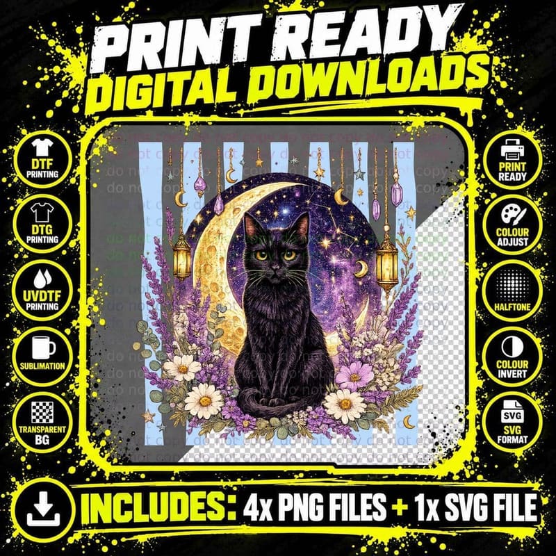 Black Cat Moon Lanterns Flowers Halloween T-Shirt Png SVG Digital Bundle