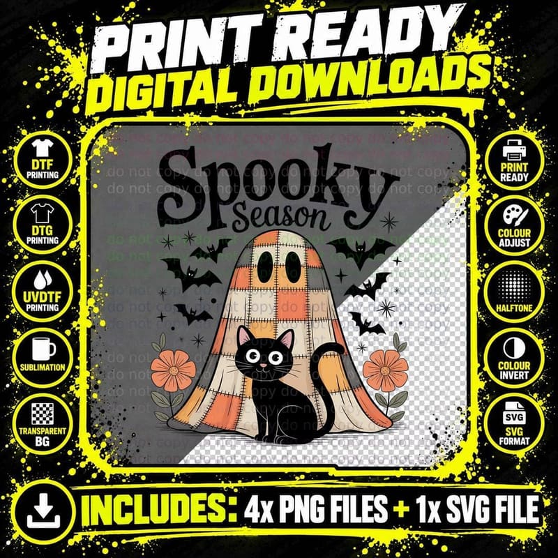 Black Cat Patchwork Ghost Halloween T-Shirt Png SVG Digital Bundle