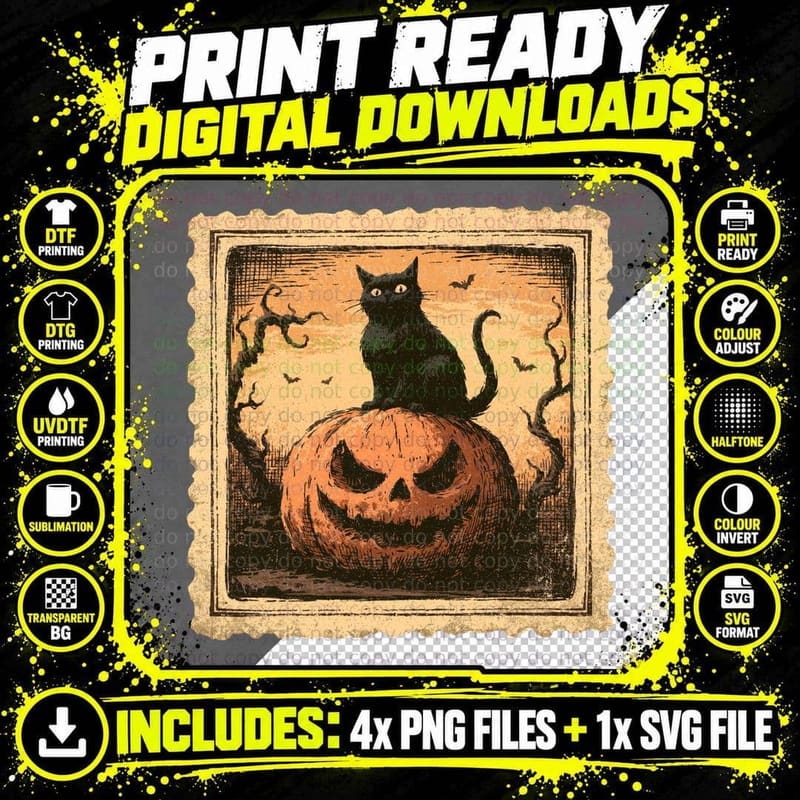 Black Cat Sitting Pumpkin Silhouette Halloween T-Shirt Png SVG Digital Bundle