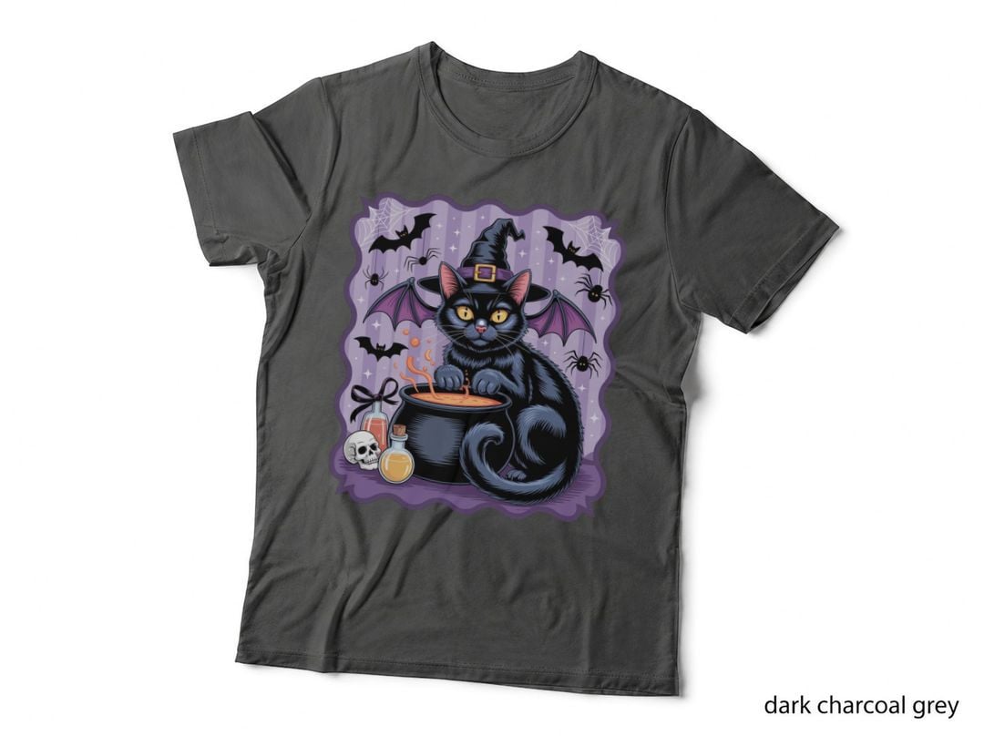 Black Cat Witch Cauldron Halloween T-Shirt, Spooky Season Graphic Tee