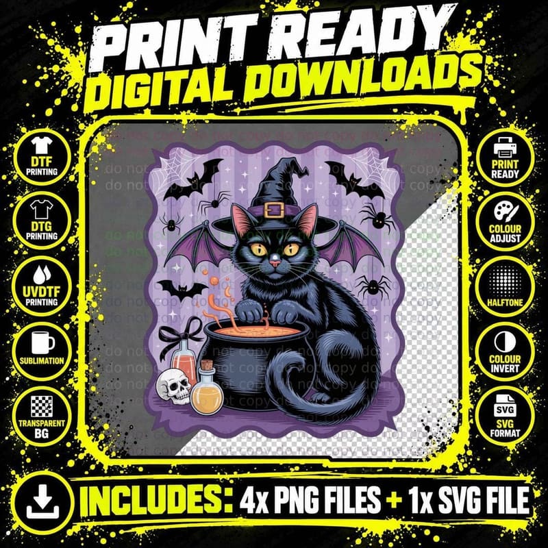 Black Cat Witch Cauldron Halloween T-Shirt Png SVG Digital Bundle