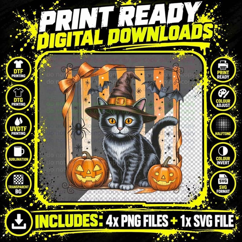 Black Cat Witch Hat Halloween T-Shirt Png SVG Digital Bundle
