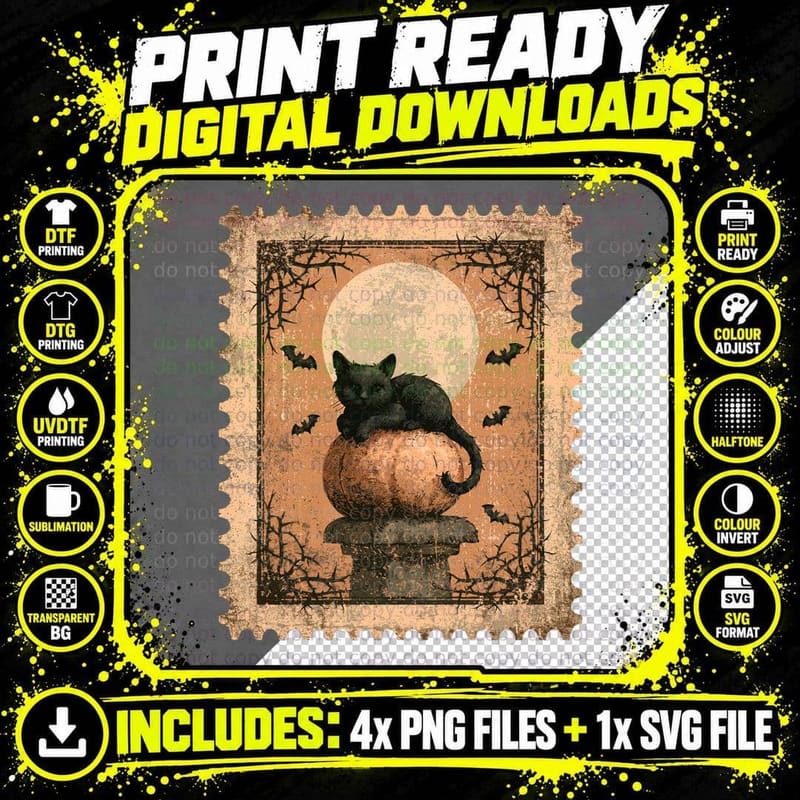 Black Cat on Carved Pumpkin Halloween T-Shirt Png SVG Digital Bundle