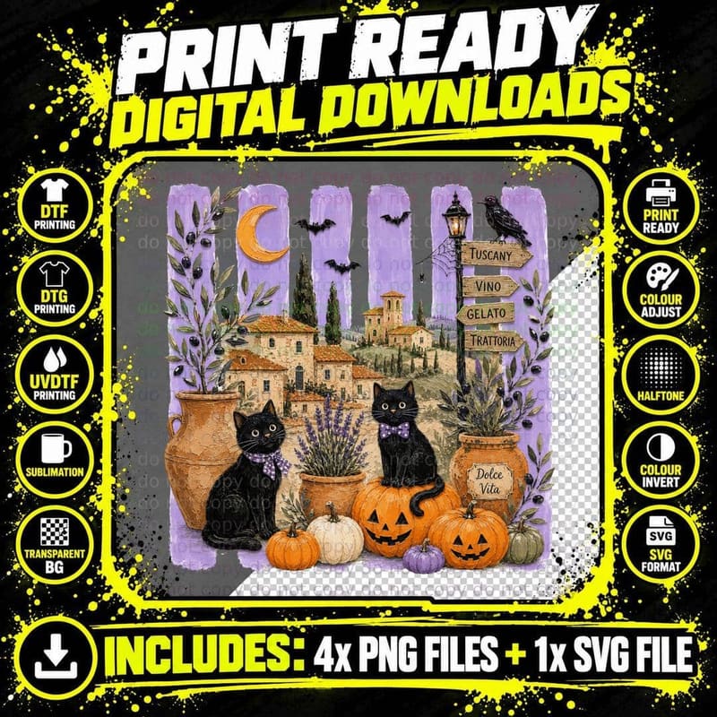 Black Cats Italian Countryside Halloween T-Shirt Png SVG Digital Bundle