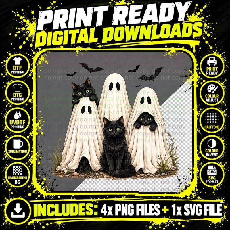 Black Cats with Ghosts Halloween T-Shirt Png SVG Digital Bundle