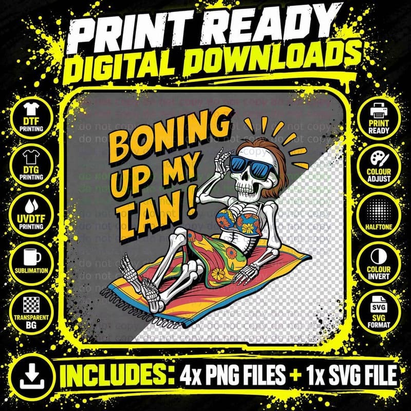 Boning up My Tan Summer T-Shirt, Skeleton on Surfboard Png SVG Digital Bundle