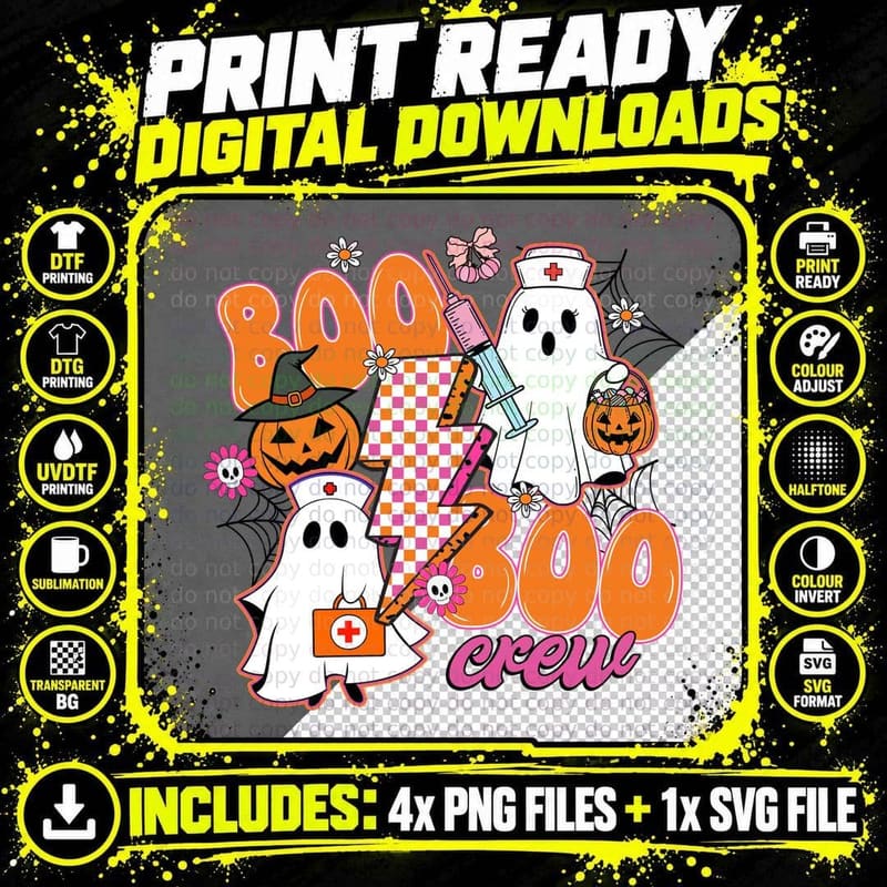 Boo Crew Halloween T-Shirt, Ghosts as Nurses Medical Png SVG Digital Bundle