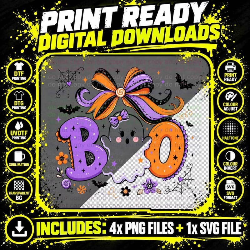 Boo Halloween T-Shirt, Boo Purple Orange Text Spooky Tee Png SVG Digital Bundle
