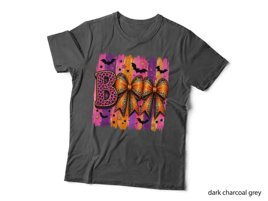 Boo Halloween T-Shirt, Large Pink Orange Bow Spooky Tee, Spooky Season Shirt