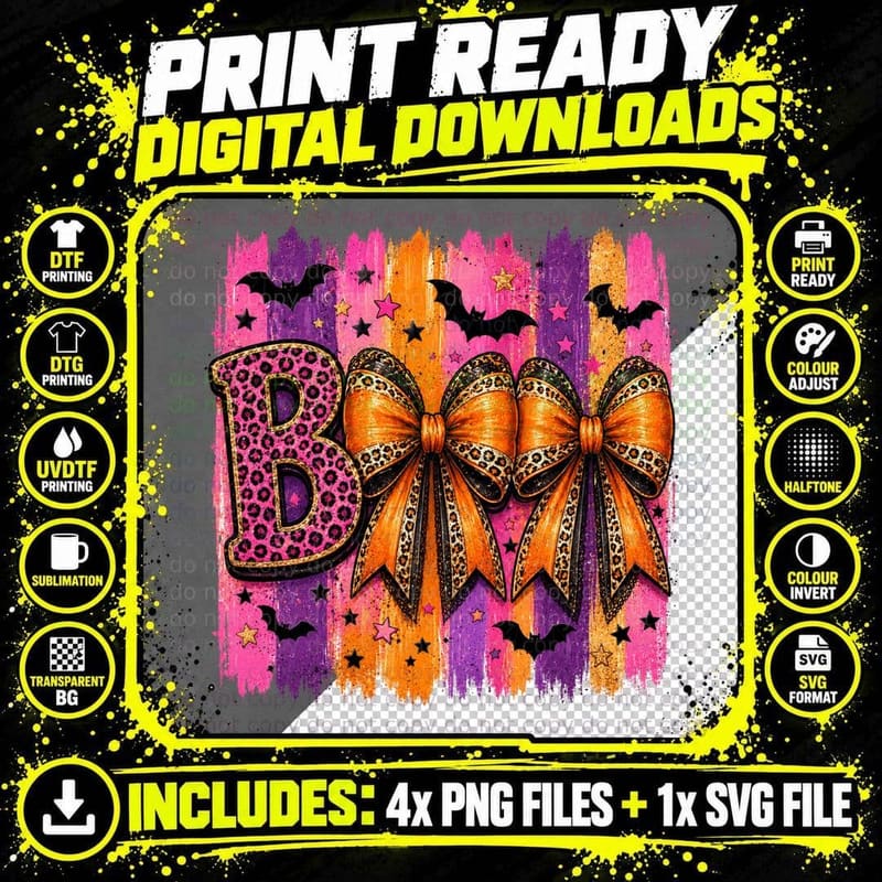 Boo Halloween T-Shirt, Large Pink Orange Bow Spooky Tee Png SVG Digital Bundle