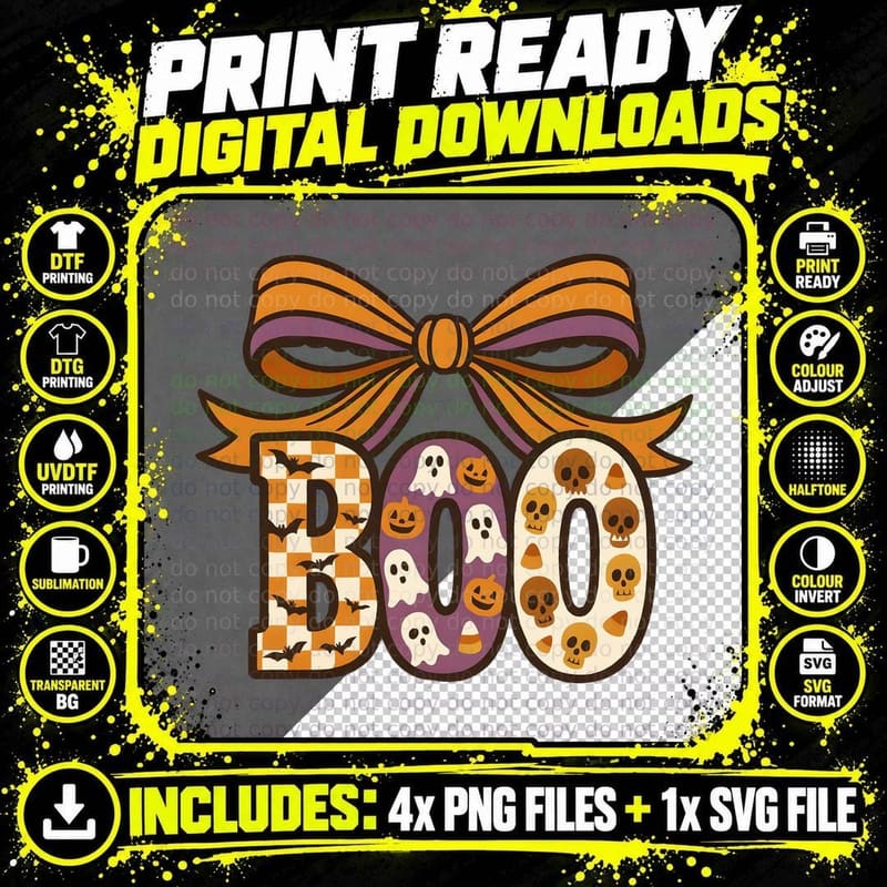 Boo Halloween T-Shirt, Neon Bow with Halloween Elements Png SVG Digital Bundle