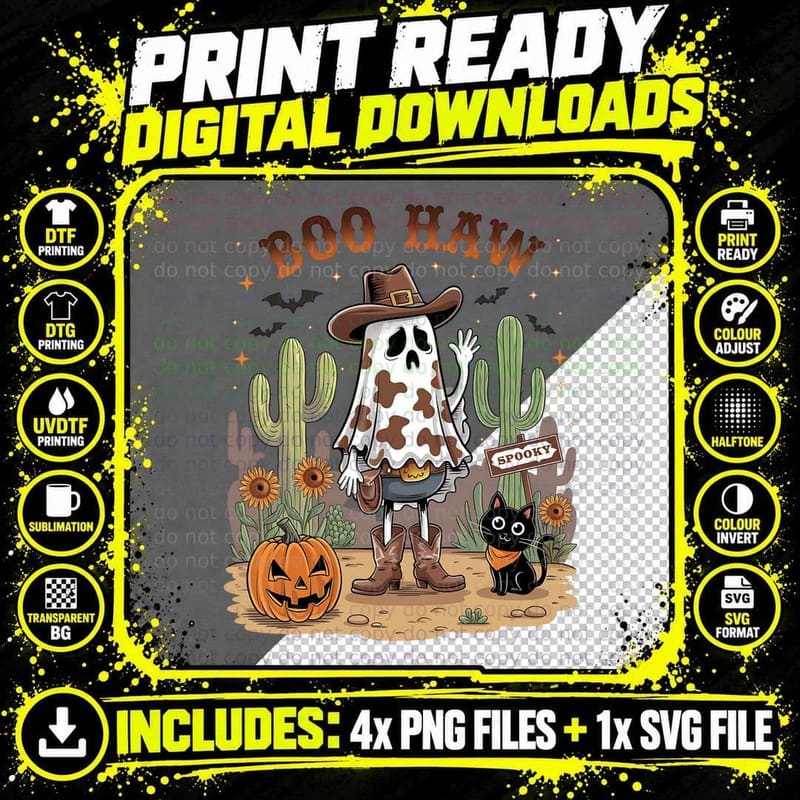 Boo Haw Funny Halloween T-Shirt, Ghost Cowboy in Desert Png SVG Digital Bundle