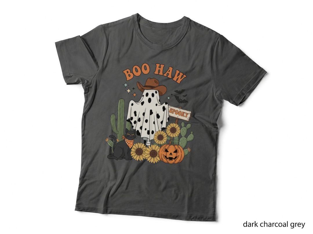 Boo Haw Halloween T-Shirt, Cowboy Ghost with Sunflowers Autumn Spooky Tee