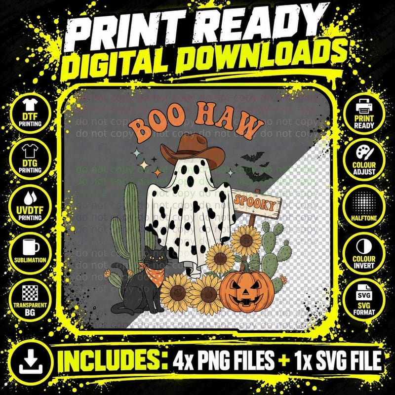 Boo Haw Halloween T-Shirt, Cowboy Ghost with Sunflowers Png SVG Digital Bundle