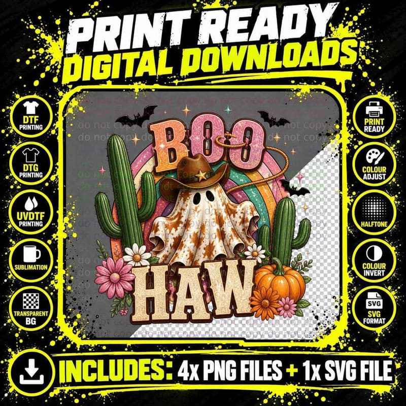 Boo Haw Halloween T-Shirt, Ghost Cowboy Cactus Western Png SVG Digital Bundle
