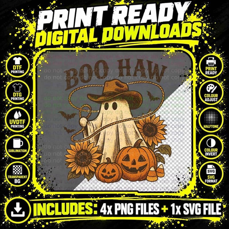 Boo Haw Halloween T-Shirt, Ghost Cowboy with Pumpkins Png SVG Digital Bundle