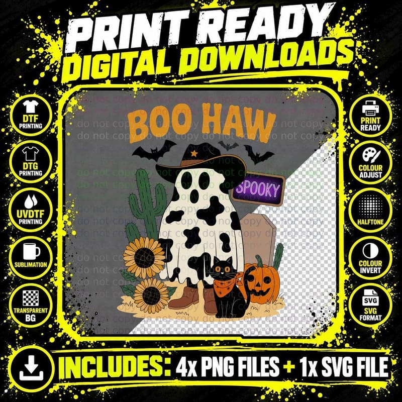 Boo Haw Spooky Halloween T-Shirt, Cow Ghost Costume Png SVG Digital Bundle
