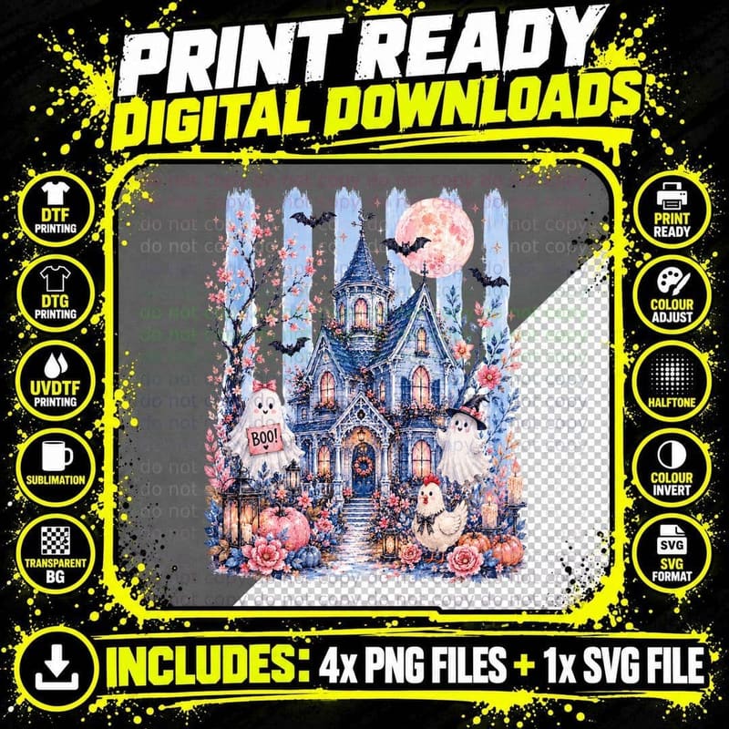 Boo! Halloween T-Shirt, Gothic Mansion Ghosts Pink Moon Png SVG Digital Bundle